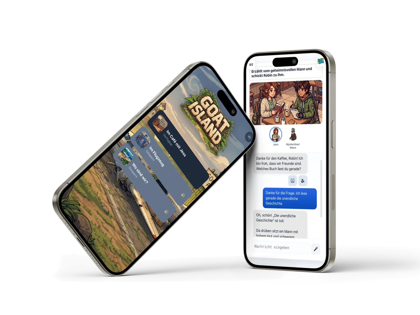 Zwei iPhone-Bildschirme mit dem Sprachlernspiel-Prototyp Goat Island